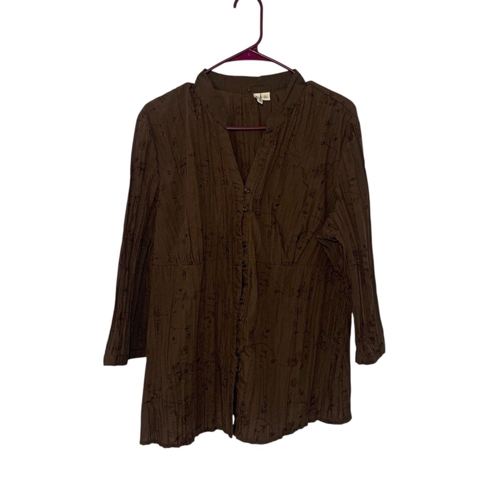 Womens Brown Textured Crinkled Chocolate Brown Embroidered Button Up Top XL Boho
